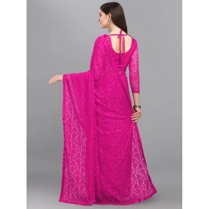 Generic Women's Net Self Design Saree With Unstitched Blouse 5.5Mtr (Rani)