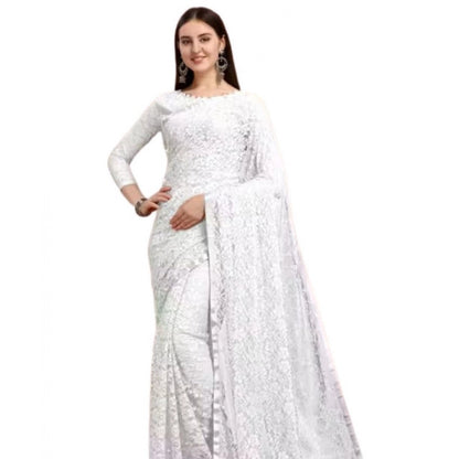 Generic Women's Net Self Design Saree With Unstitched Blouse 5.5Mtr (White)