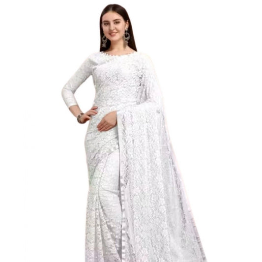 Generic Women's Net Self Design Saree With Unstitched Blouse 5.5Mtr (White)