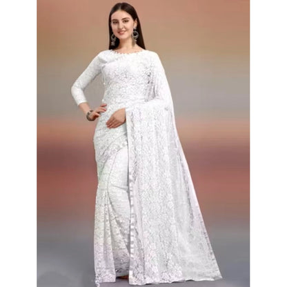 Generic Women's Net Self Design Saree With Unstitched Blouse 5.5Mtr (White)
