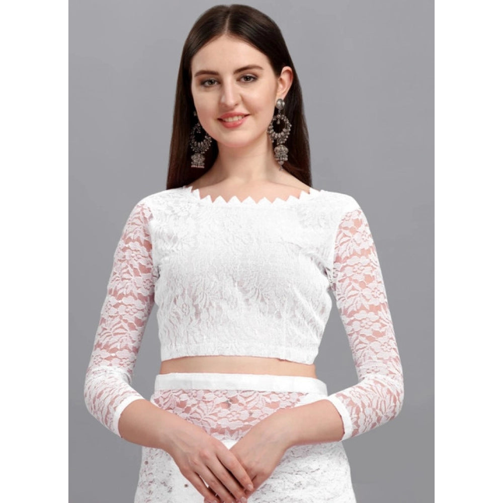 Generic Women's Net Self Design Saree With Unstitched Blouse 5.5Mtr (White)