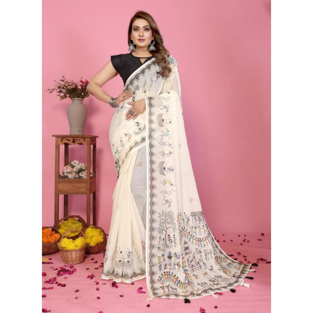 Generic Women's Linen Cotton Printed Saree With Unstitched Blouse 5.5Mtr (Off White)