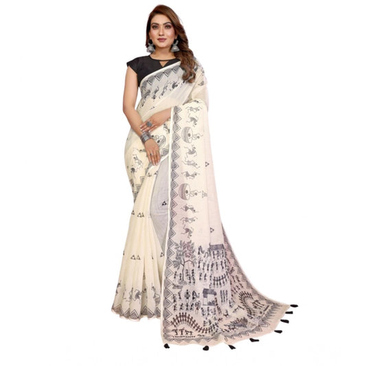 Generic Women's Linen Cotton Printed Saree With Unstitched Blouse 5.5Mtr (Off White)