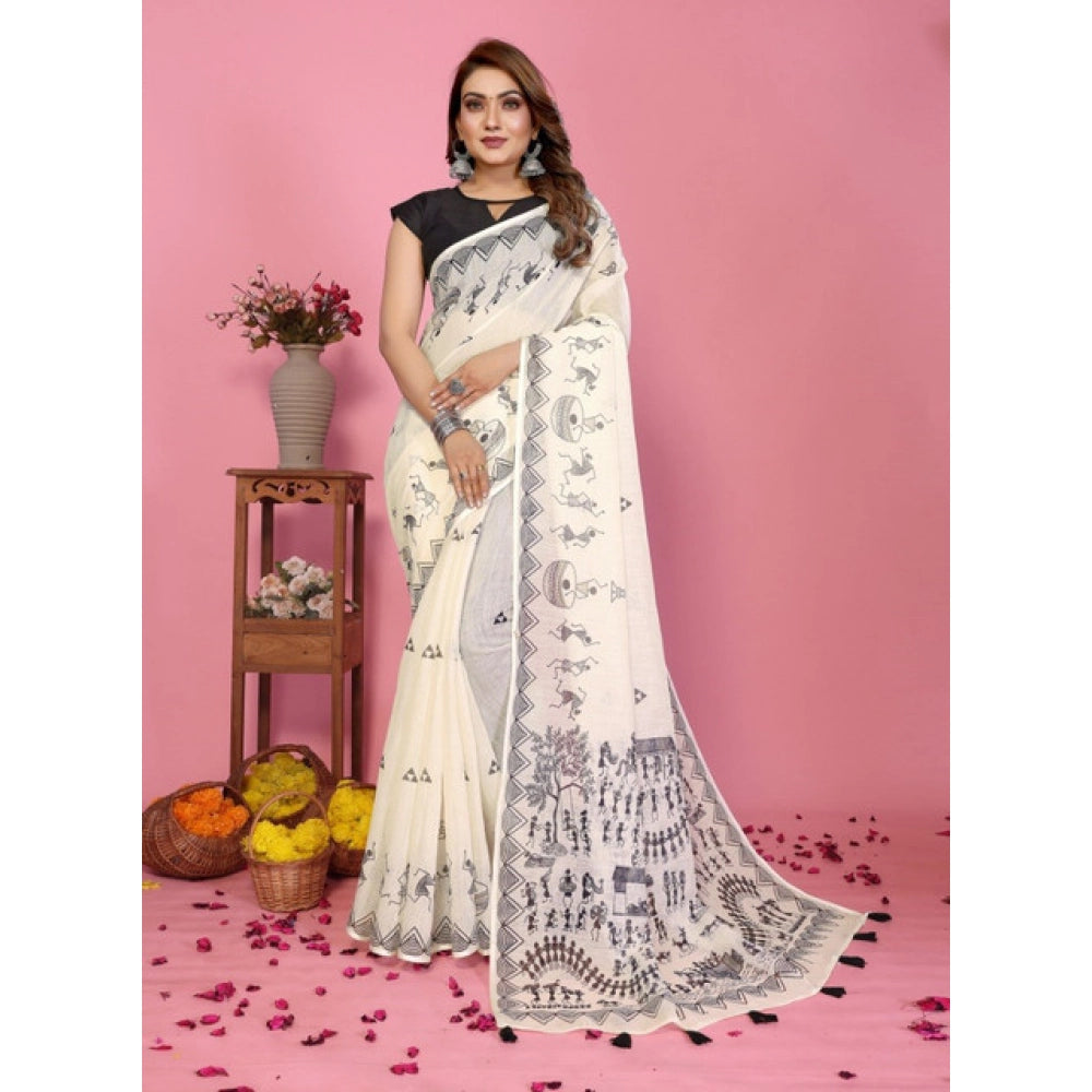 Generic Women's Linen Cotton Printed Saree With Unstitched Blouse 5.5Mtr (Off White)