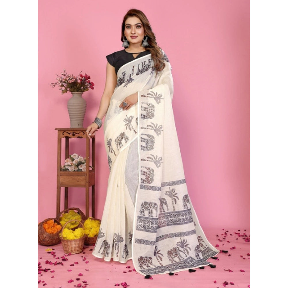 Generic Women's Linen Cotton Printed Saree With Unstitched Blouse 5.5Mtr (Off White)