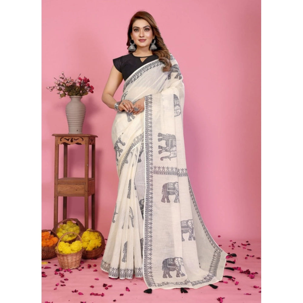Generic Women's Linen Cotton Printed Saree With Unstitched Blouse 5.5Mtr (Off White)
