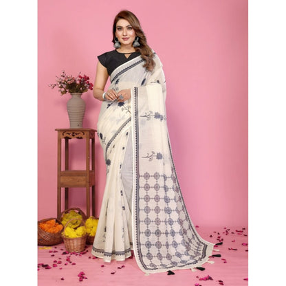 Generic Women's Linen Cotton Printed Saree With Unstitched Blouse 5.5Mtr (Off White)