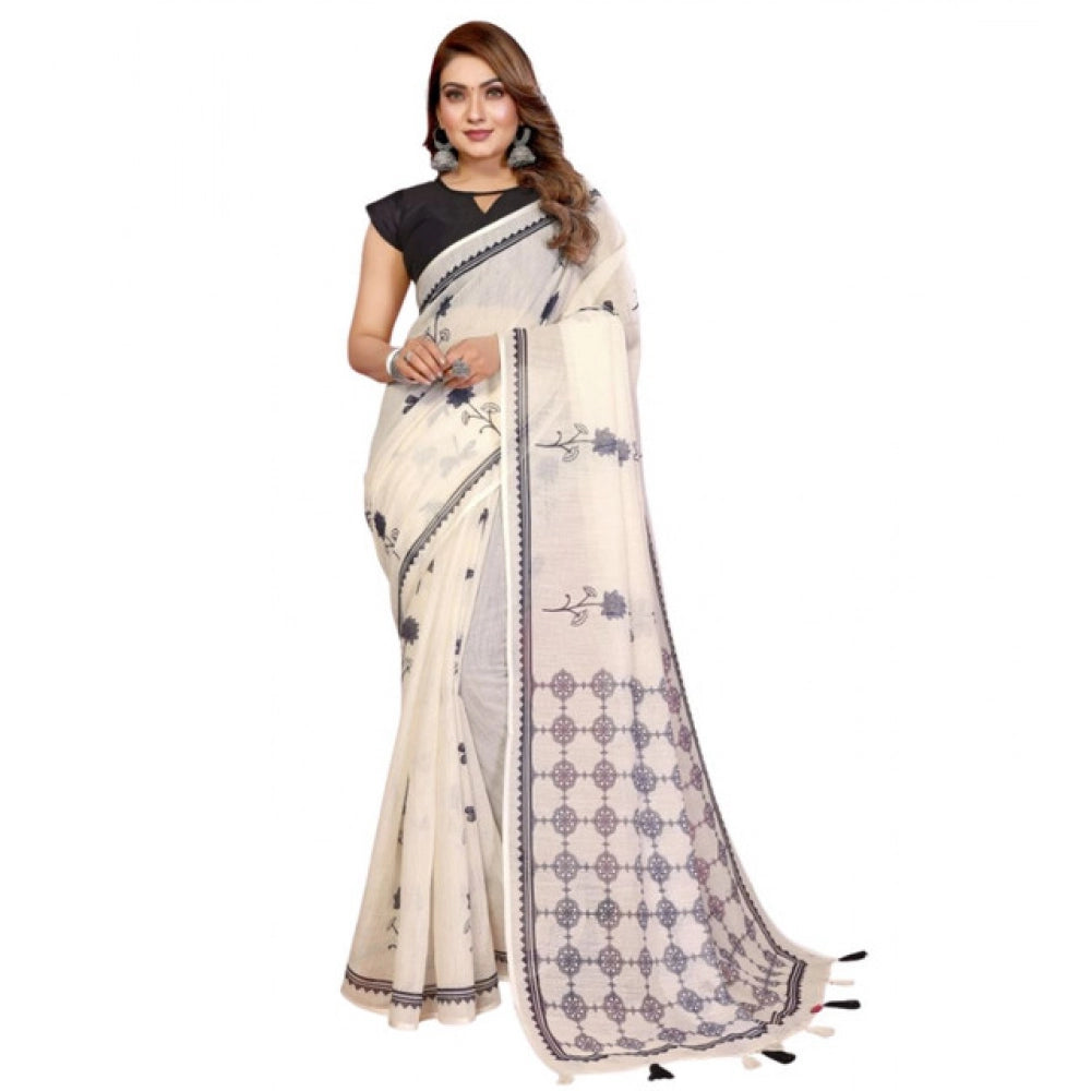 Generic Women's Linen Cotton Printed Saree With Unstitched Blouse 5.5Mtr (Off White)