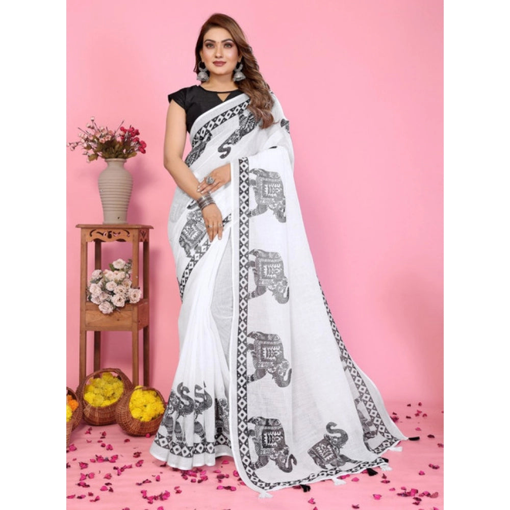 Generic Women's Linen Cotton Printed Saree With Unstitched Blouse 5.5Mtr (White)