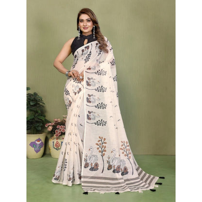 Generic Women's Linen Cotton Printed Saree With Unstitched Blouse 5.5Mtr (Off White)