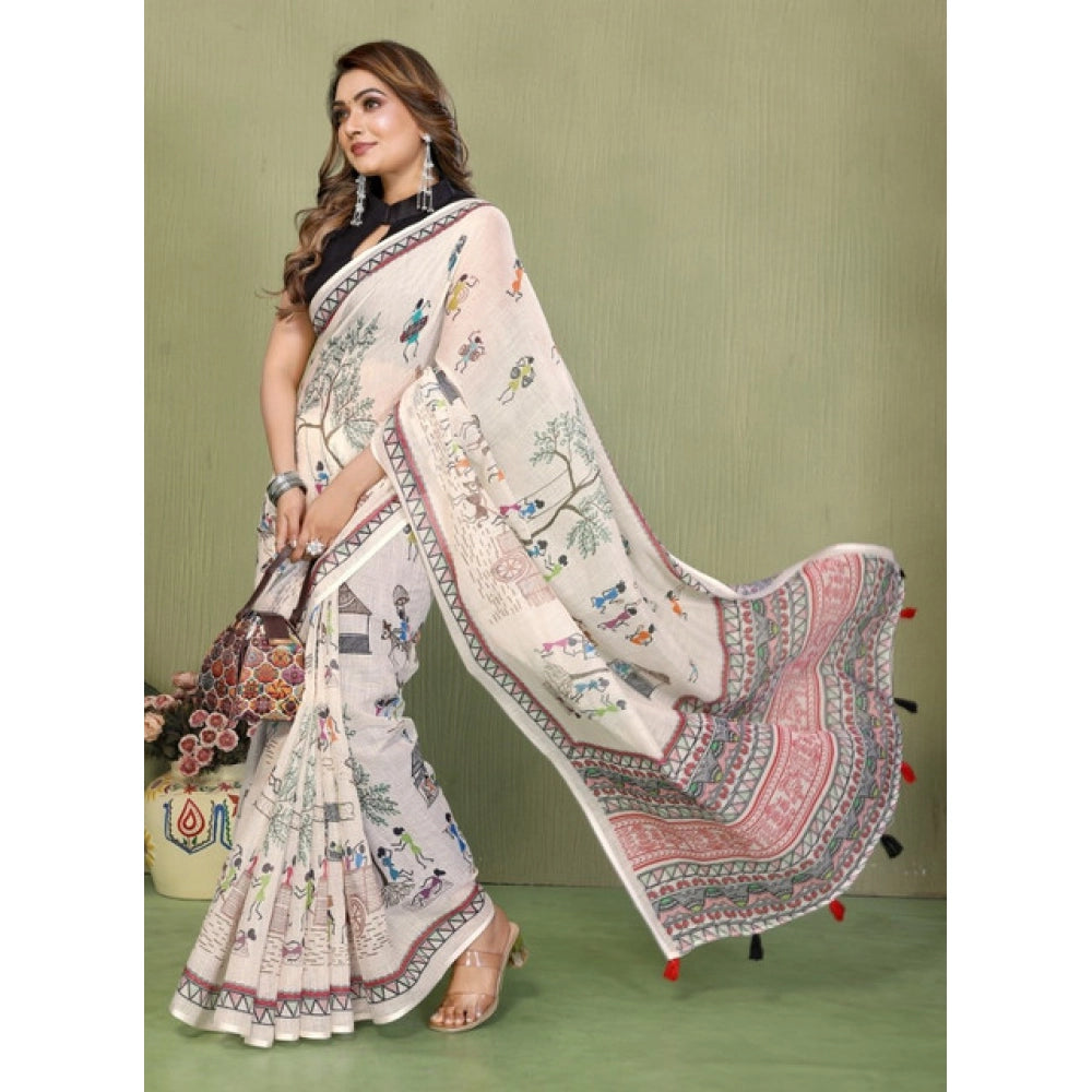 Generic Women's Linen Cotton Printed Saree With Unstitched Blouse 5.5Mtr (Off White)