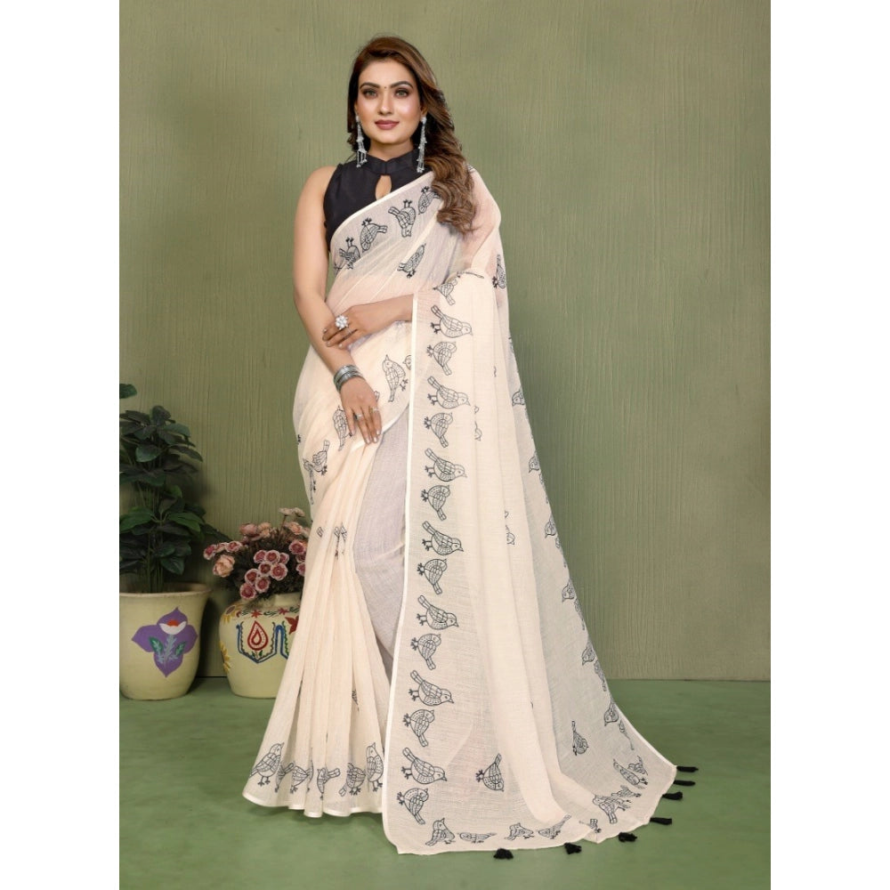 Generic Women's Linen Cotton Printed Saree With Unstitched Blouse 5.5Mtr (Off White)
