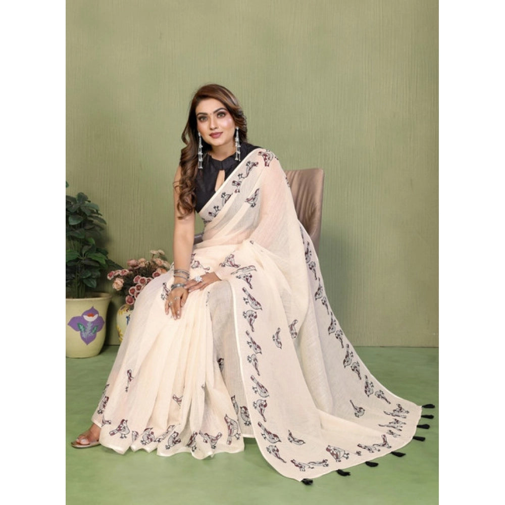 Generic Women's Linen Cotton Printed Saree With Unstitched Blouse 5.5Mtr (Off White)