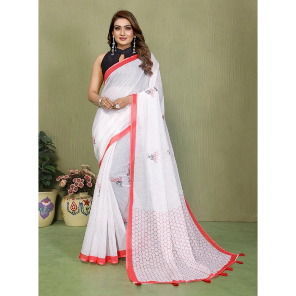 Generic Women's Linen Cotton Printed Saree With Unstitched Blouse 5.5Mtr (White)
