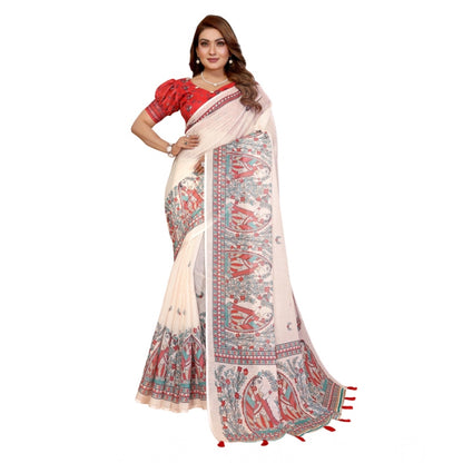 Generic Women's Linen Cotton Printed Saree With Unstitched Blouse 5.5Mtr (Off White)