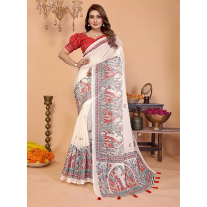Generic Women's Linen Cotton Printed Saree With Unstitched Blouse 5.5Mtr (Off White)