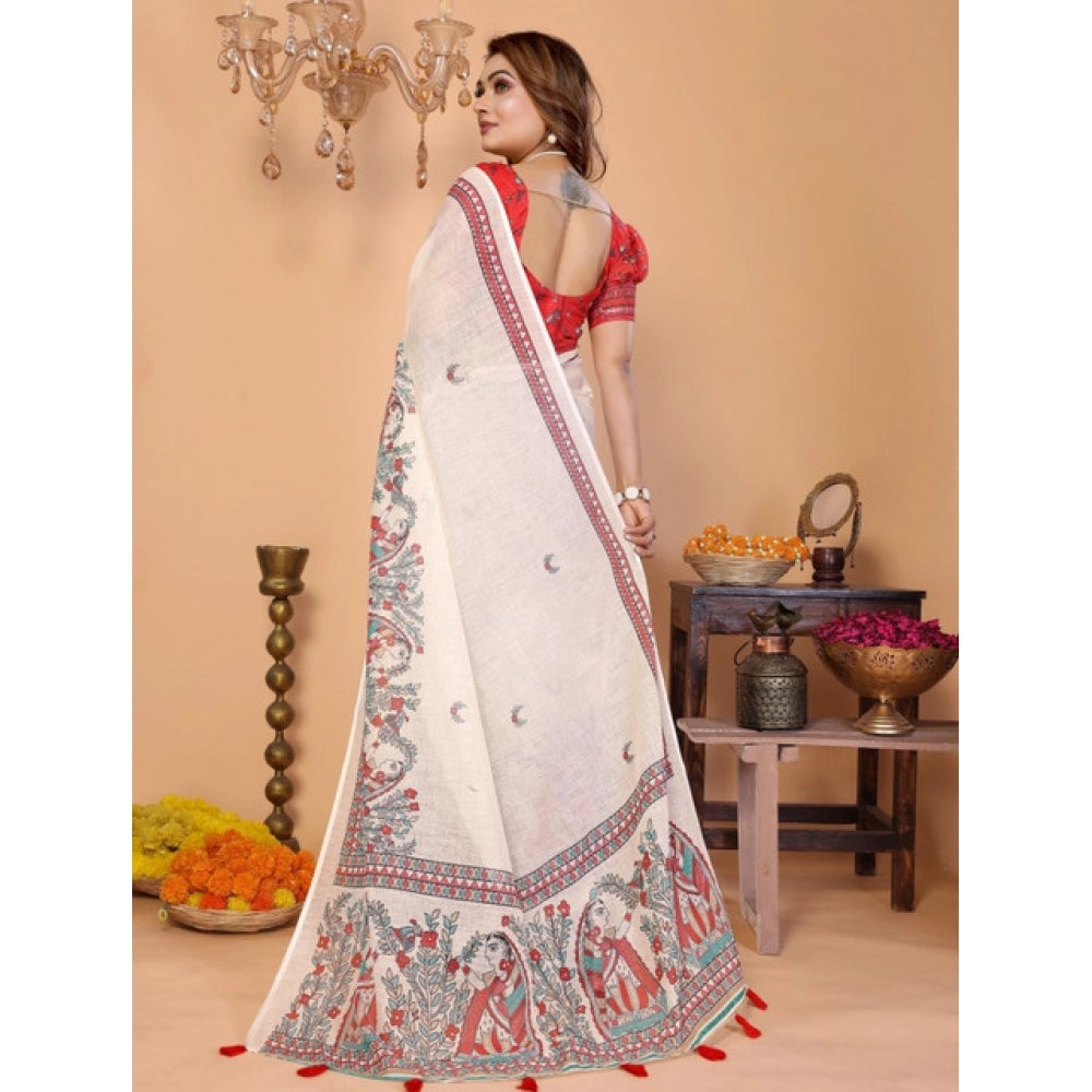 Generic Women's Linen Cotton Printed Saree With Unstitched Blouse 5.5Mtr (Off White)