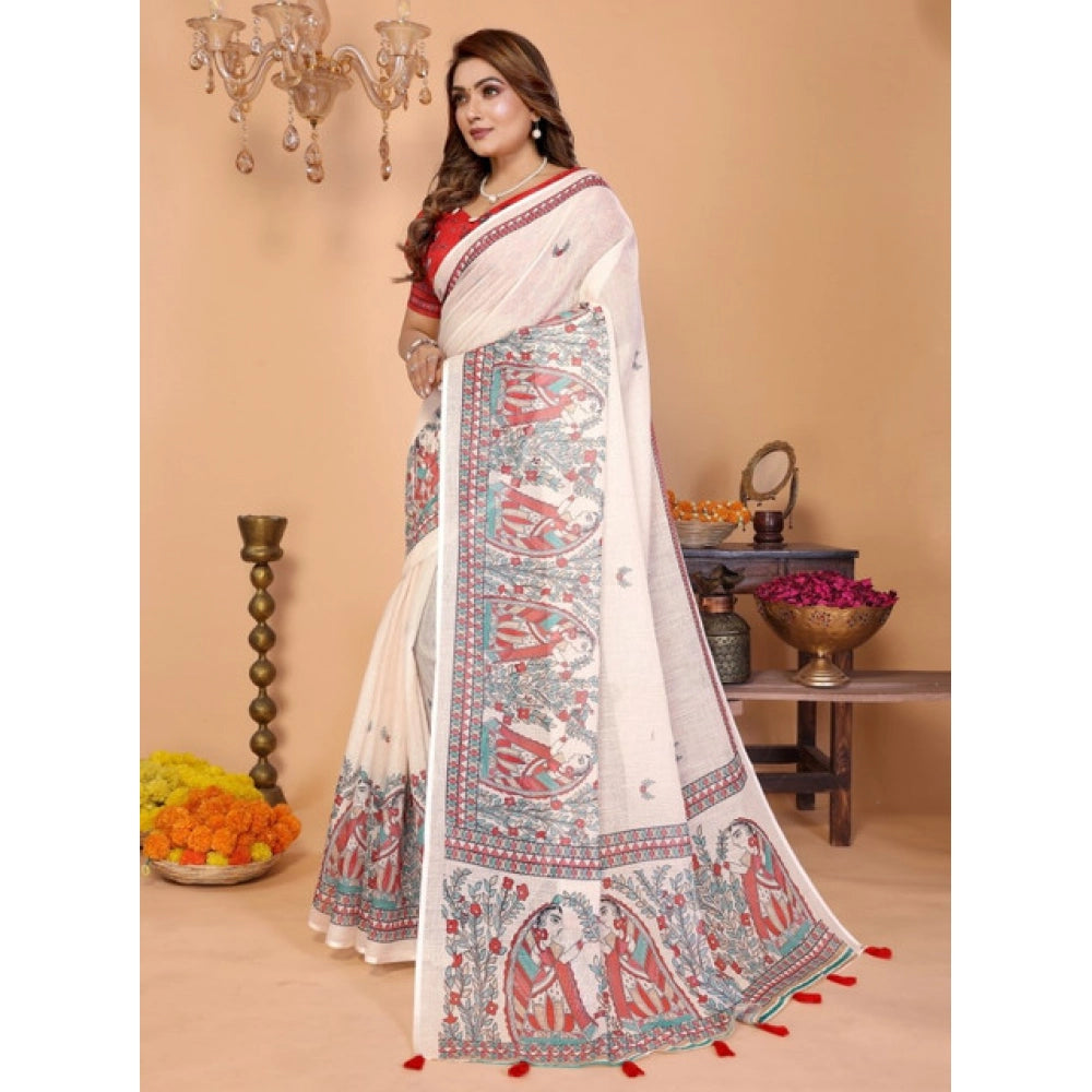 Generic Women's Linen Cotton Printed Saree With Unstitched Blouse 5.5Mtr (Off White)