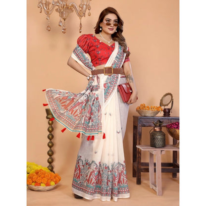 Generic Women's Linen Cotton Printed Saree With Unstitched Blouse 5.5Mtr (Off White)