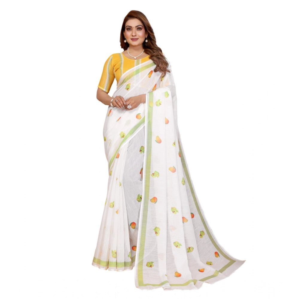 Generic Women's Linen Cotton Printed Saree With Unstitched Blouse 5.5Mtr (White)