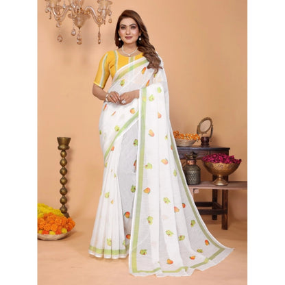 Generic Women's Linen Cotton Printed Saree With Unstitched Blouse 5.5Mtr (White)