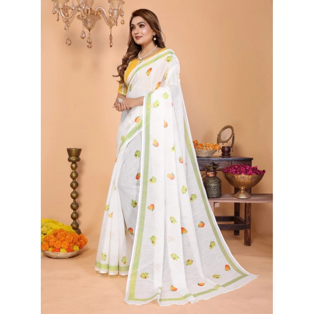 Generic Women's Linen Cotton Printed Saree With Unstitched Blouse 5.5Mtr (White)