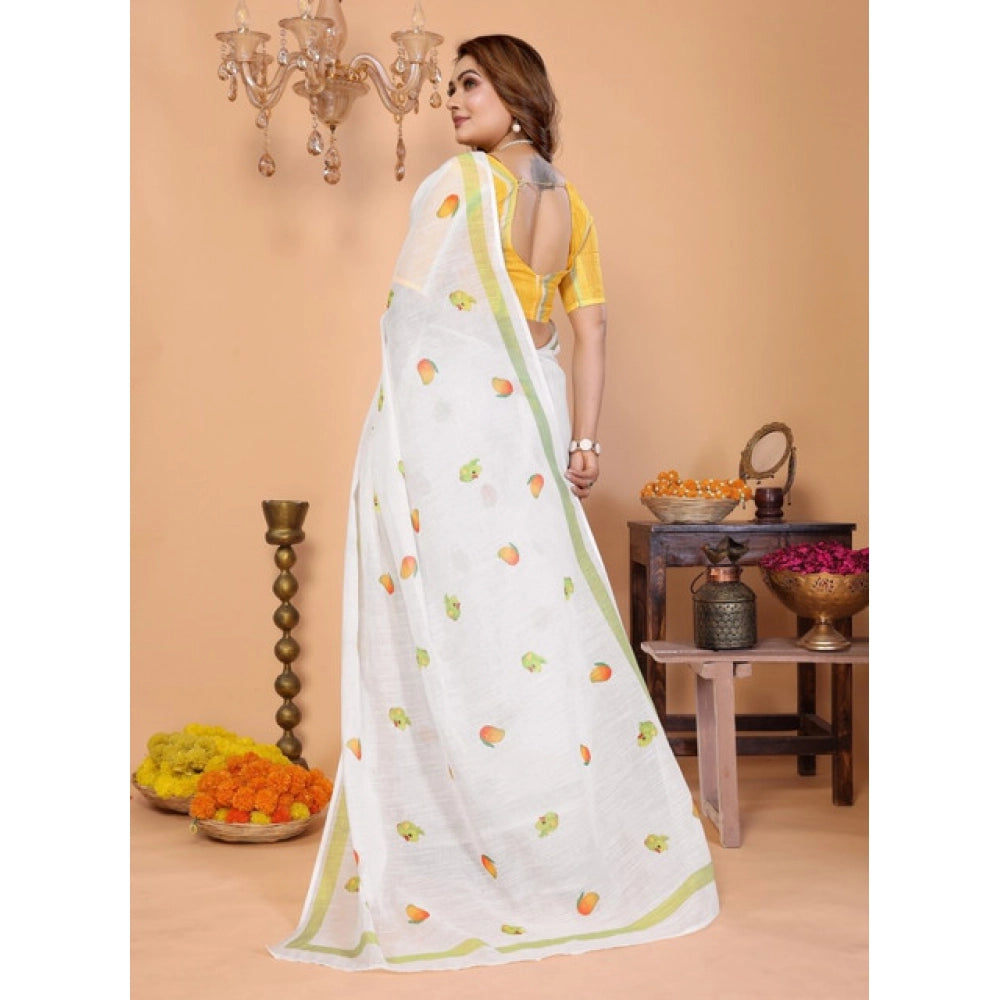 Generic Women's Linen Cotton Printed Saree With Unstitched Blouse 5.5Mtr (White)