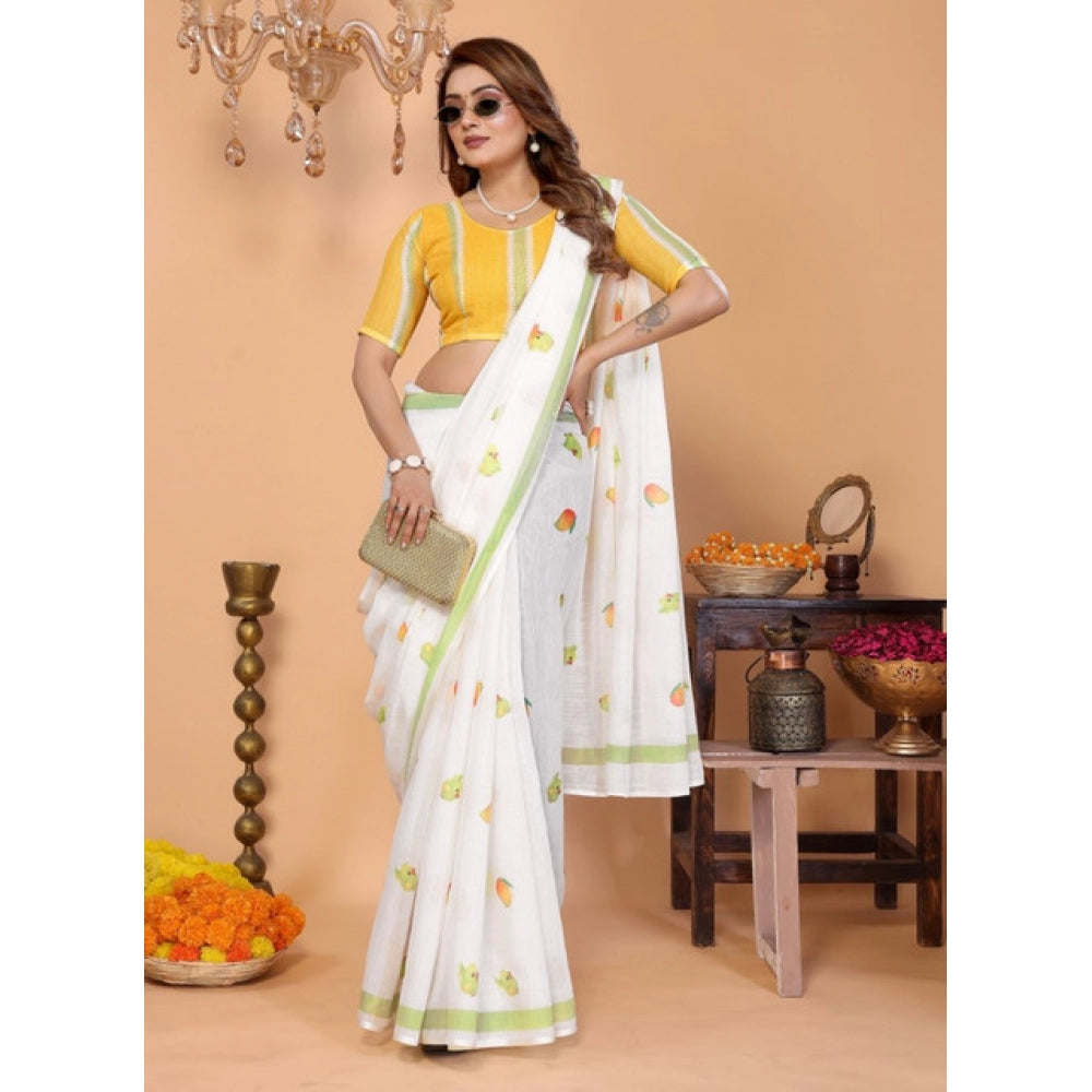 Generic Women's Linen Cotton Printed Saree With Unstitched Blouse 5.5Mtr (White)