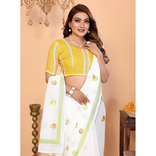 Generic Women's Linen Cotton Printed Saree With Unstitched Blouse 5.5Mtr (White)