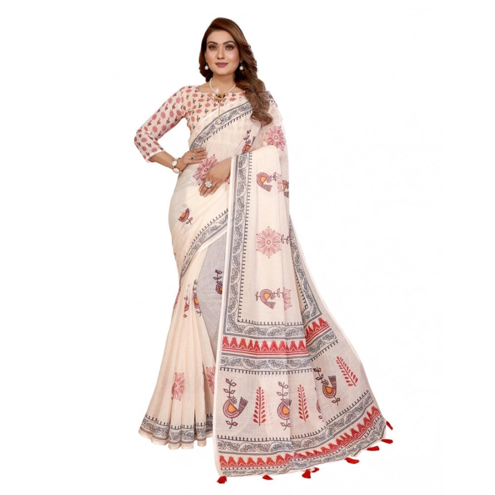 Generic Women's Linen Cotton Printed Saree With Unstitched Blouse 5.5Mtr (Off White)