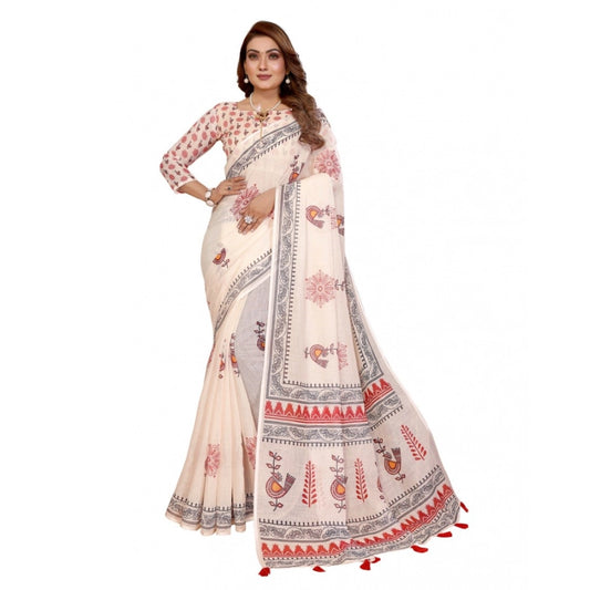 Generic Women's Linen Cotton Printed Saree With Unstitched Blouse 5.5Mtr (Off White)