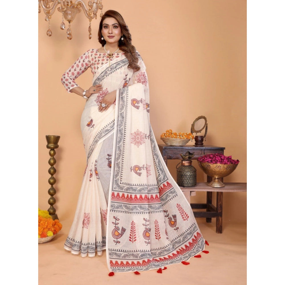 Generic Women's Linen Cotton Printed Saree With Unstitched Blouse 5.5Mtr (Off White)