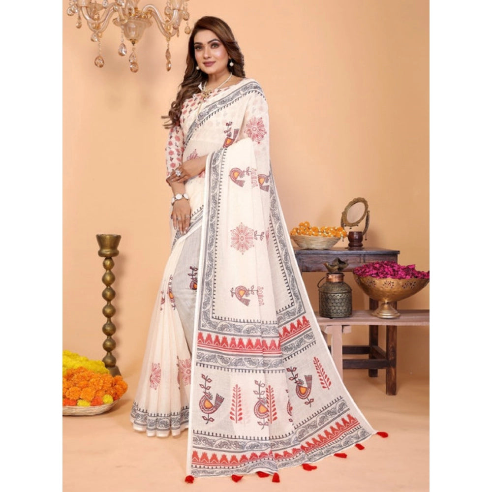 Generic Women's Linen Cotton Printed Saree With Unstitched Blouse 5.5Mtr (Off White)