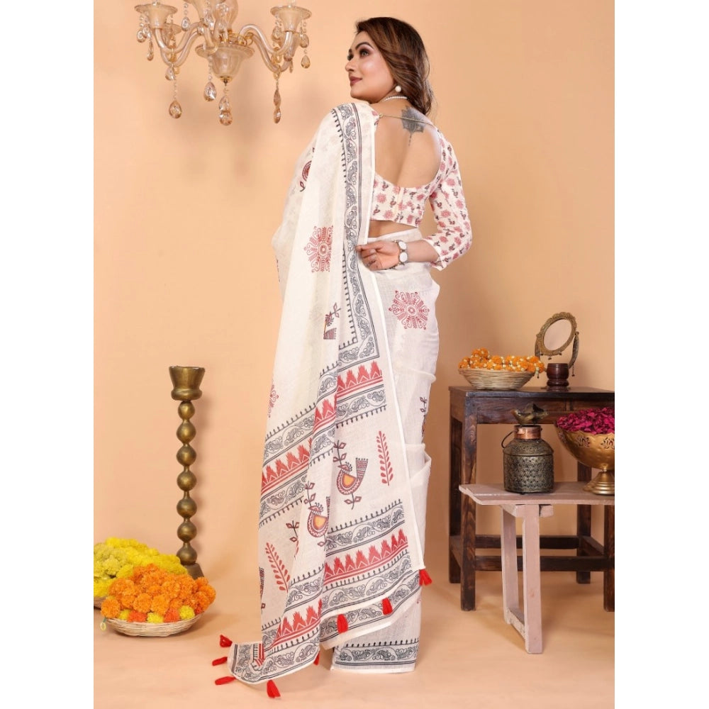 Generic Women's Linen Cotton Printed Saree With Unstitched Blouse 5.5Mtr (Off White)