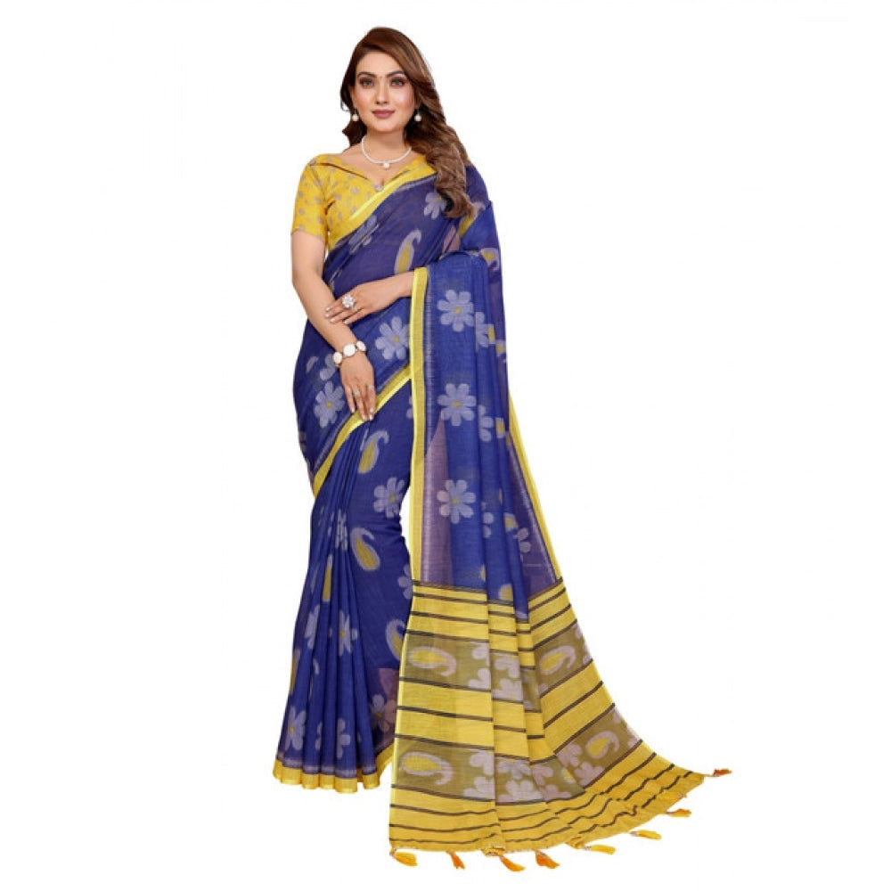 Generic Women's Linen Cotton Printed Saree With Unstitched Blouse 5.5Mtr (Blue)