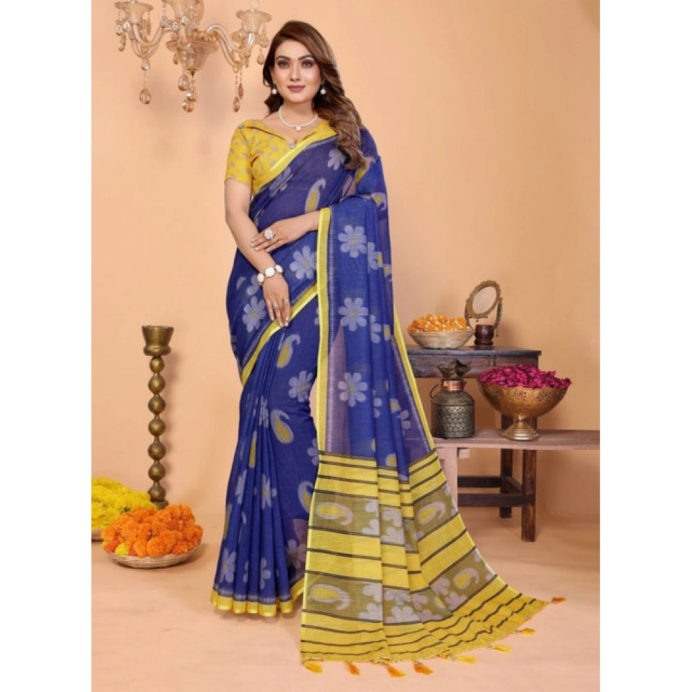 Generic Women's Linen Cotton Printed Saree With Unstitched Blouse 5.5Mtr (Blue)
