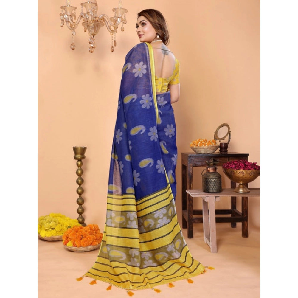 Generic Women's Linen Cotton Printed Saree With Unstitched Blouse 5.5Mtr (Blue)