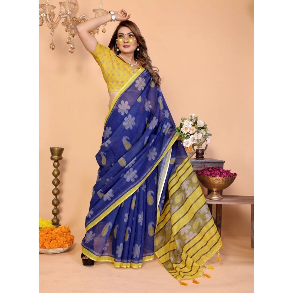 Generic Women's Linen Cotton Printed Saree With Unstitched Blouse 5.5Mtr (Blue)