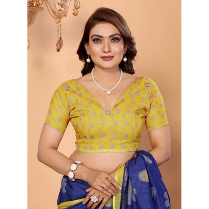 Generic Women's Linen Cotton Printed Saree With Unstitched Blouse 5.5Mtr (Blue)