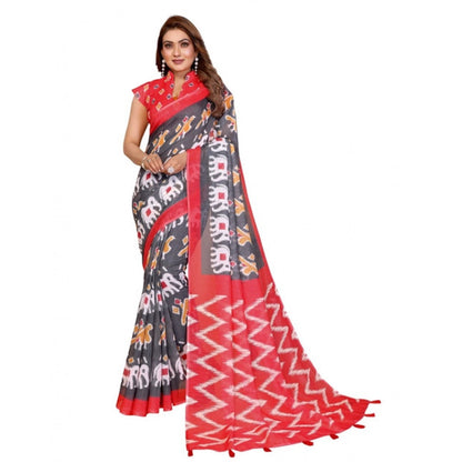 Generic Women's Linen Cotton Printed Saree With Unstitched Blouse 5.5Mtr (Grey)