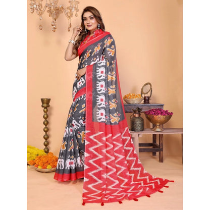 Generic Women's Linen Cotton Printed Saree With Unstitched Blouse 5.5Mtr (Grey)