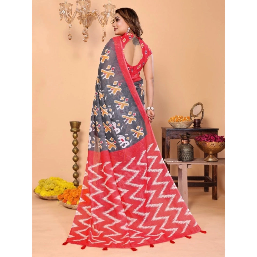 Generic Women's Linen Cotton Printed Saree With Unstitched Blouse 5.5Mtr (Grey)