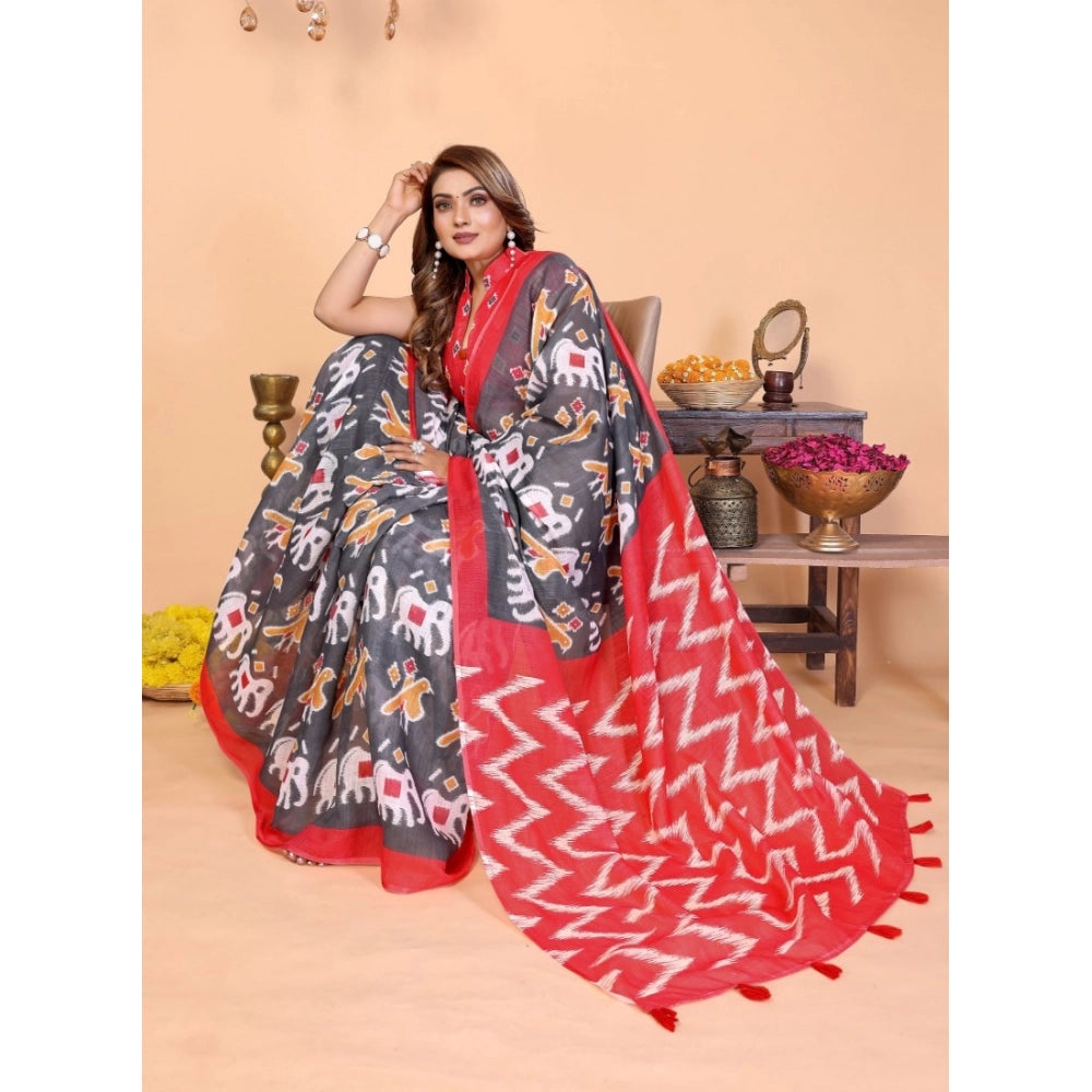 Generic Women's Linen Cotton Printed Saree With Unstitched Blouse 5.5Mtr (Grey)