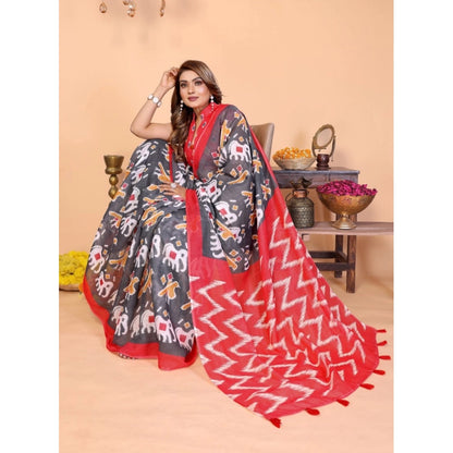 Generic Women's Linen Cotton Printed Saree With Unstitched Blouse 5.5Mtr (Grey)