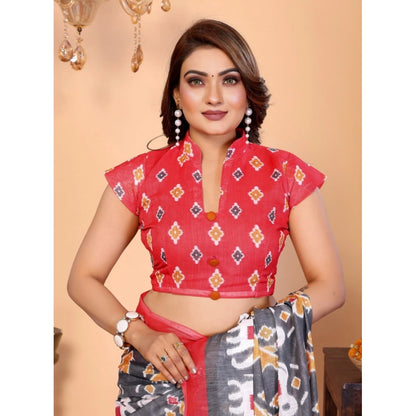Generic Women's Linen Cotton Printed Saree With Unstitched Blouse 5.5Mtr (Grey)