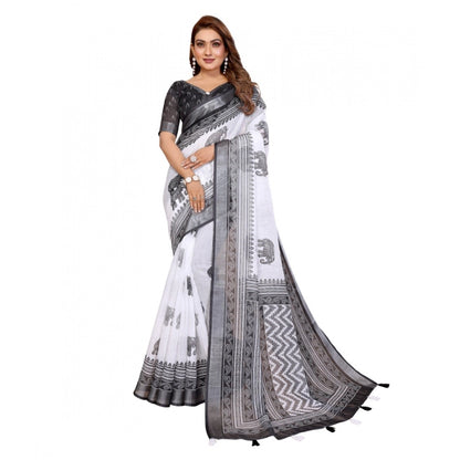 Generic Women's Linen Cotton Printed Saree With Unstitched Blouse 5.5Mtr (White-Black)