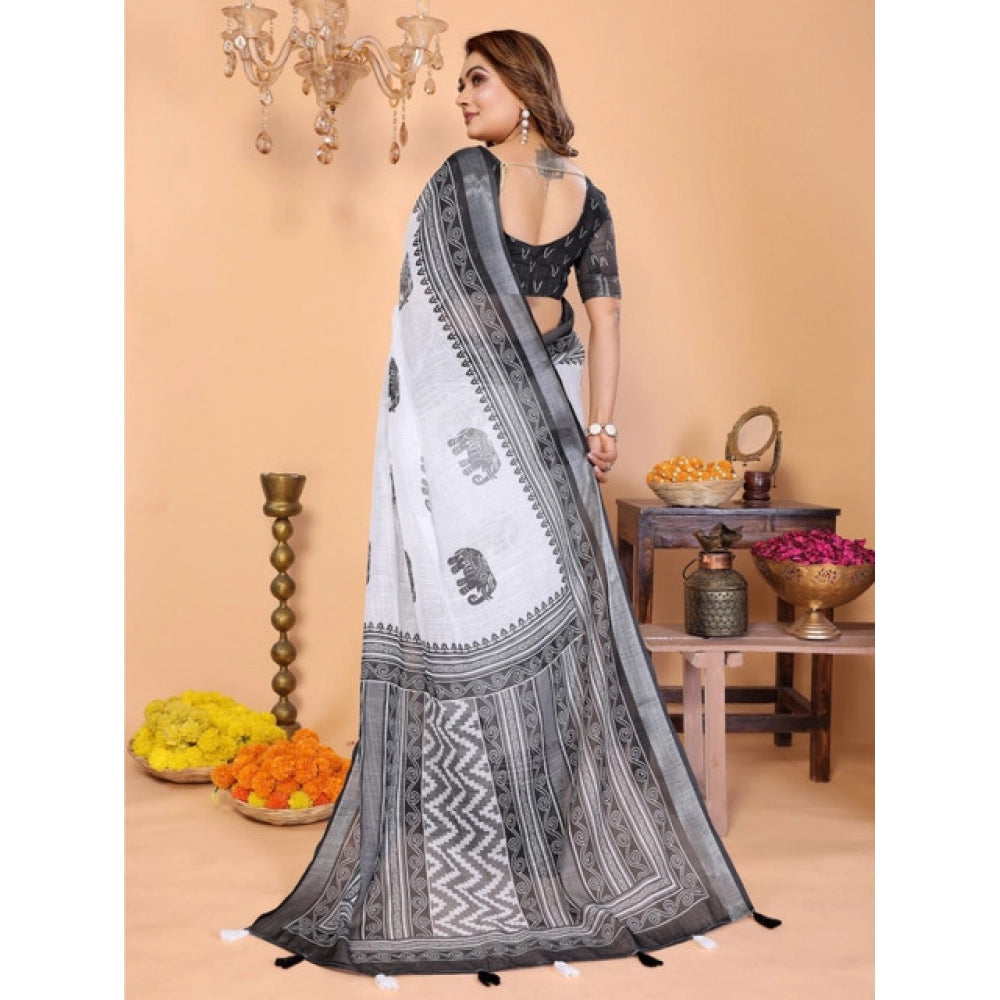 Generic Women's Linen Cotton Printed Saree With Unstitched Blouse 5.5Mtr (White-Black)