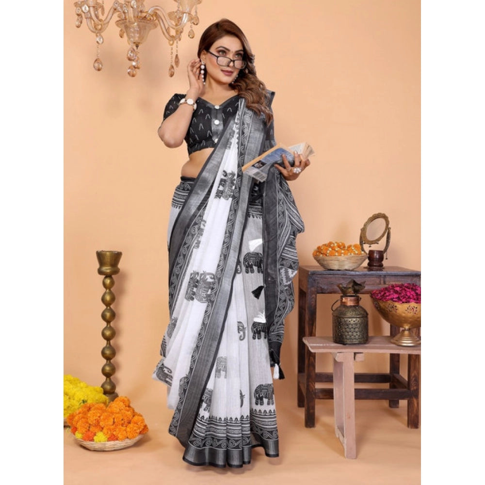 Generic Women's Linen Cotton Printed Saree With Unstitched Blouse 5.5Mtr (White-Black)