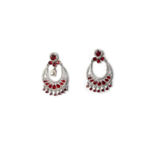 Generic Women's Brass Silver Plated Chandbali Earrings (Red)