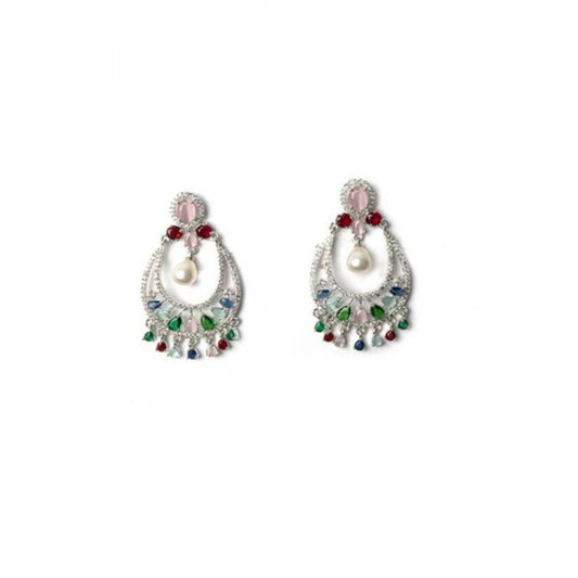 Generic Women's Brass Silver Plated Chandbali Earrings (Multicolor)